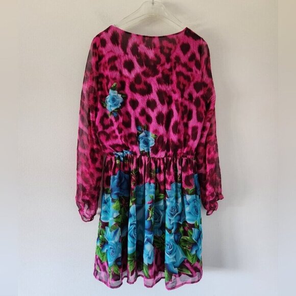MARC JACOBS | 100% SILK dress Floral Sheer Sleeves Magenta Pink Blue Roses Sz 6 - Picture 3 of 6